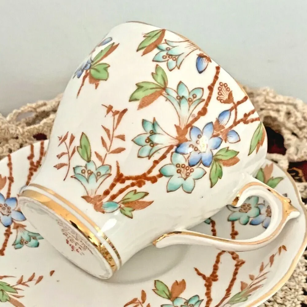Bone China Tea Cup Saucer Duo Roslyn Picta circa 1950s Vintage England
